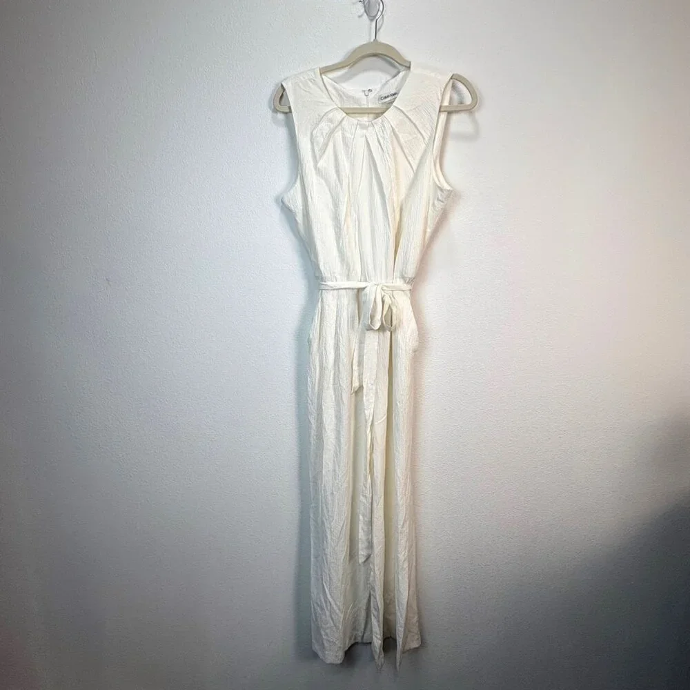 Calvin Klein Womens Sleeveless Crinkle Crepe Jumpsuit Size 14 Tie‎ Waist Onesie
